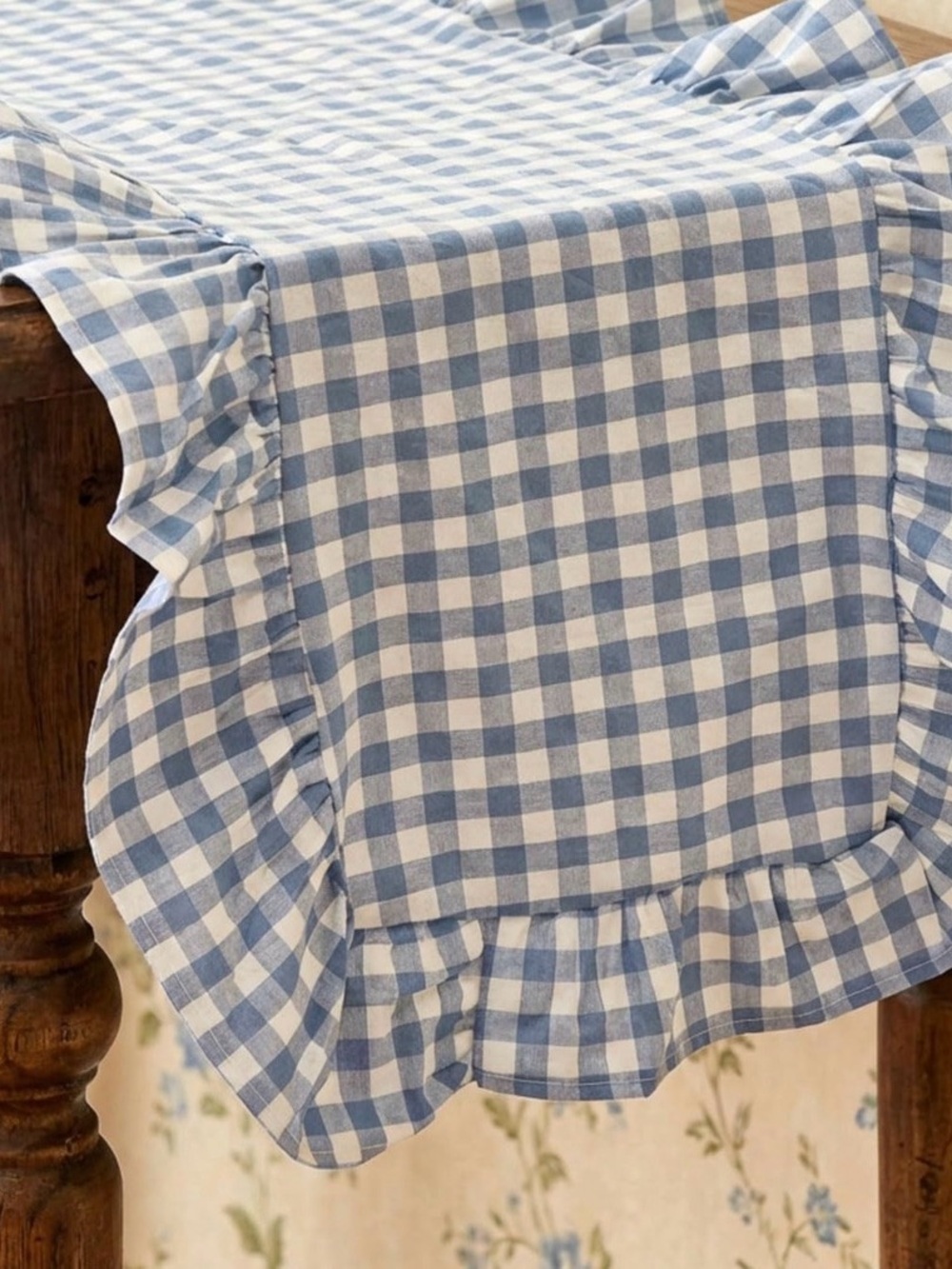 Blue and White Gingham Ruffle Table Runner - Classic Home Dining